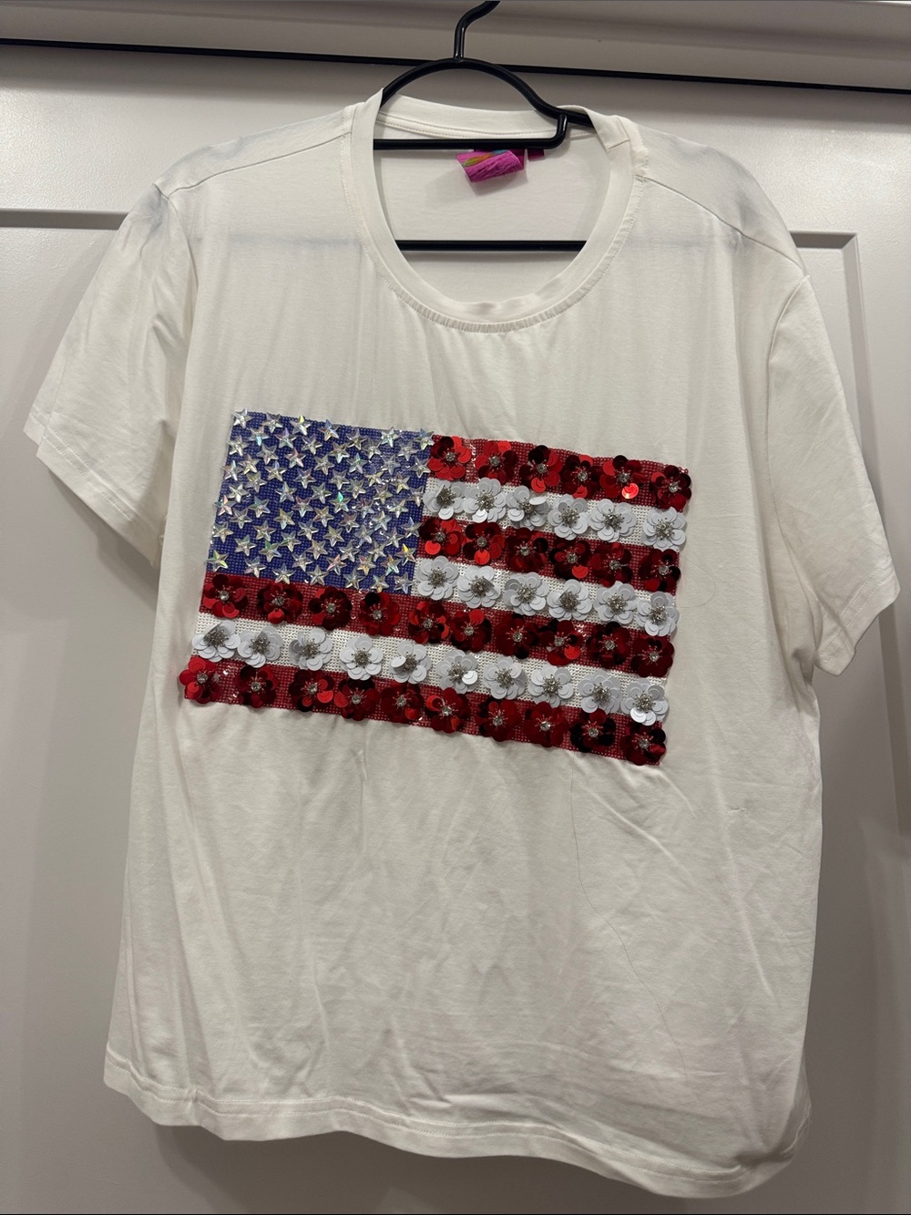 QUEEN OF SPARKLES White T-Shirt with Red, White & Blue Sequin Flag